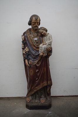 prachtig groot XIX eeuws religieus beeld in gips - polychroom - "Jozef met Kindje Jezus" - H: 125 cm