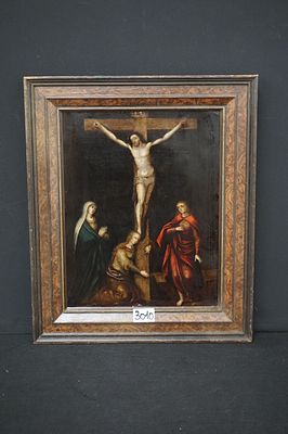 mooi antiek religieus schilderij - "de kruisiging van Jezus Christus" - olieverf op koper - 32