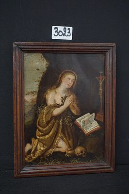 klein antiek religieus schilderij - "Maria Magdalena" - olieverf op koper - 22 x 16 cm