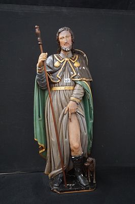 antiek religieus beeld in hout - polychroom - "Sint Rochus" - H: 102 cm