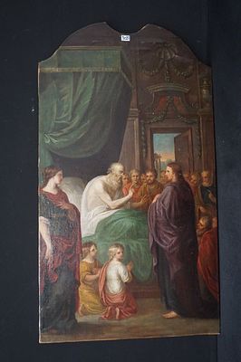 groot antiek religieus schilderij - olieverf op doek (herdoekt) - kleine letsels - 148 x 83 cm