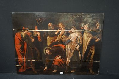 groot antiek religieus schilderij - olieverf op paneel - restauratie niet afgewerkt - 90 x 122 cm