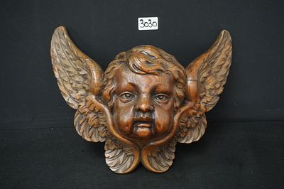 mooie antieke engelkop in hout - H: 30 cm L: 36 cm