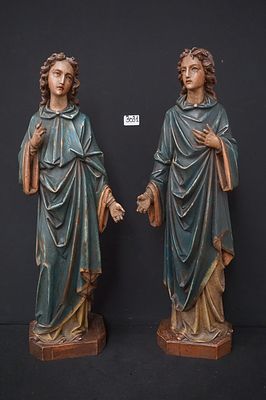2 antieke religieuze beelden in hout - polychroom - letsels aan de handen - H: 68 cm