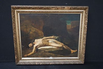 XIX eeuws religieus schilderij - "de marteldood van de heilige Sebastiaan" - olieverf op doek -