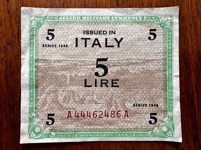 Allied Military Currency – 5 Lire – Series 1943 – Issued in Italy – WWII Era
. Rare 5 Lire 