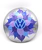Hand-Painted Volkswagen Hubcap with Blue and Purple Flower Design. A silver hubcap, decorated Image - 2
