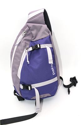 Patagonia Atom 8L Sling Bag, Purple and Gray. A purple and light gray Patagonia Atom 8L sling 