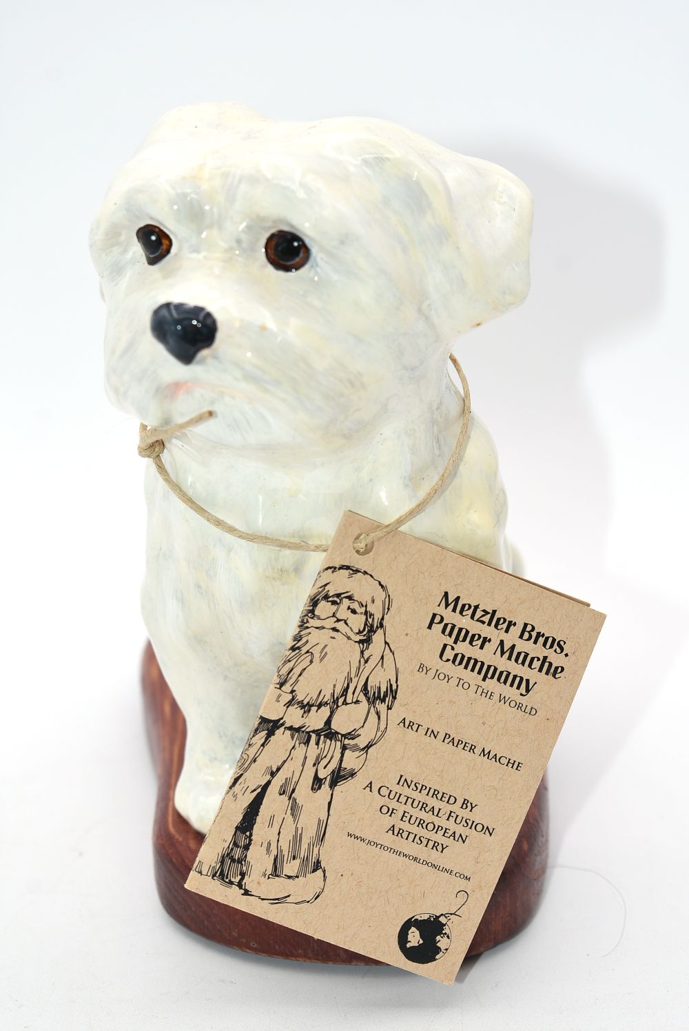 Metzler Bros. Joy To The World Paper Mache Maltese Dog Figurine. A cream/off-white paper mache 