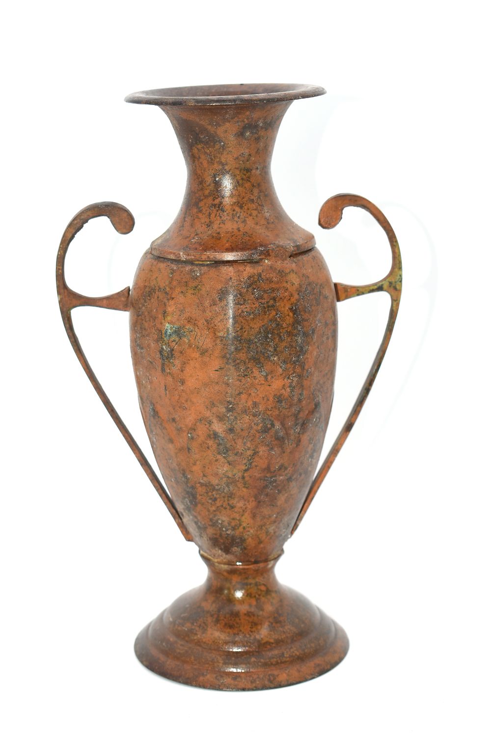 Rustic Patinated Metal Urn Vase with Handles. A rustic reddish-brown urn or vase with dark brown 