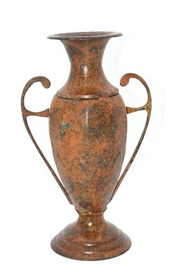 Rustic Patinated Metal Urn Vase with Handles. A rustic reddish-brown urn or vase with dark brown 