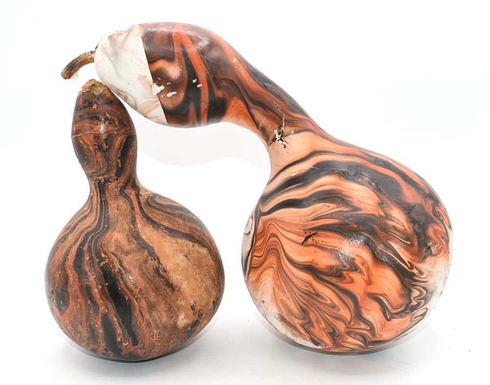 Two Hydro Dipped Gourds. Two decorative gourds, featuring a marbled pattern primarily in shades 