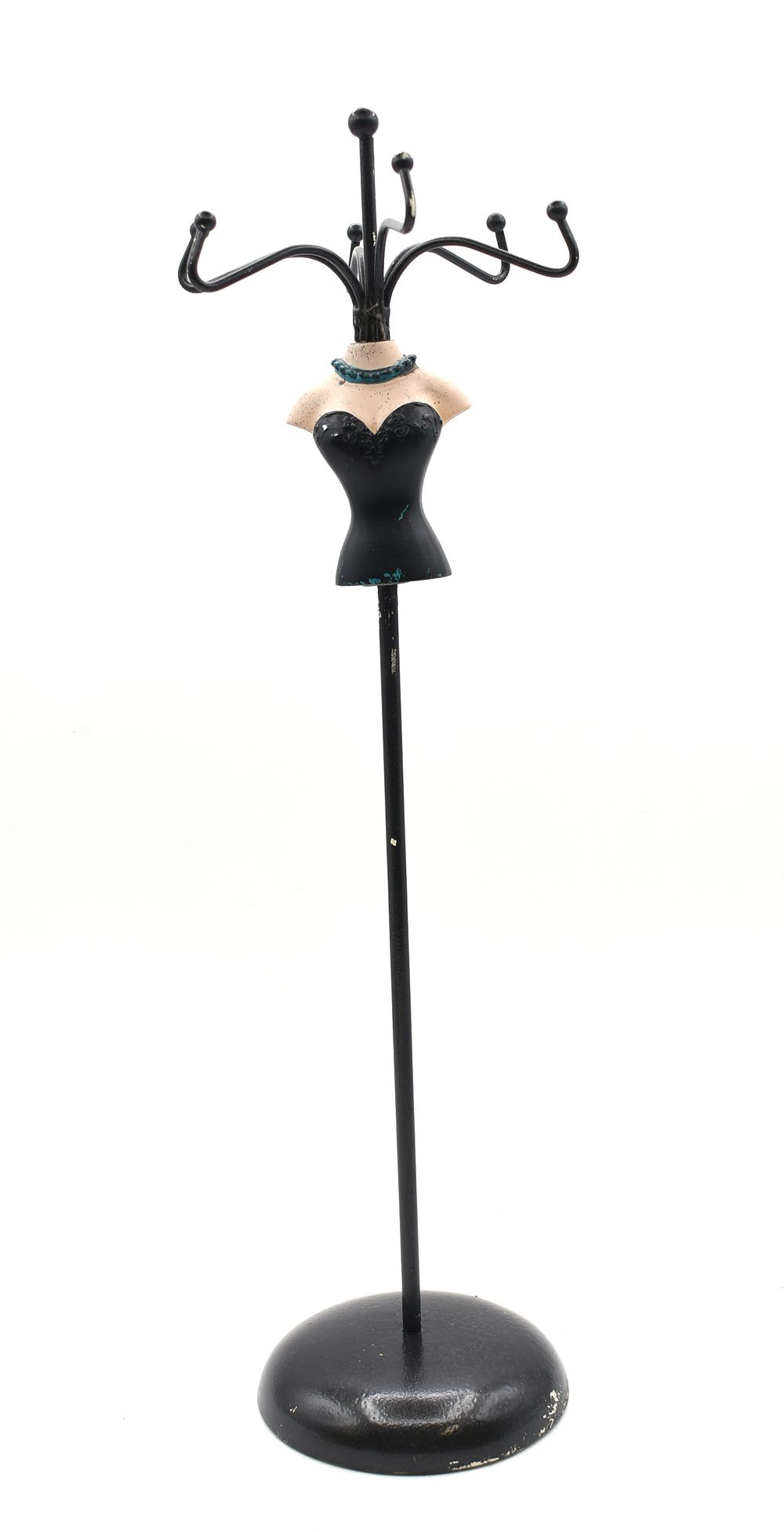 Black Metal Mannequin Jewelry Display Stand. A black metal jewelry display stand features a 