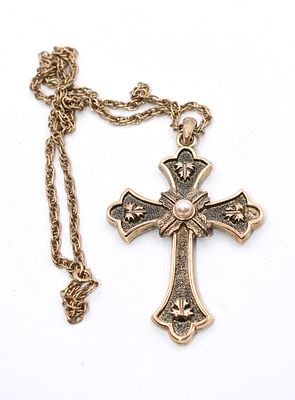 Sarah Coventry 1975 Limited Edition Pearl Cross Necklace. A gold/bronze-toned cross pendant 