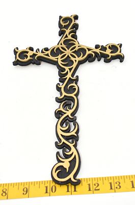 A laser cut wooden Two-Tone Decorative Cross with Scrollwork. An ornate, two-tone decorative 