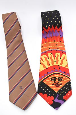 Christian Dior and The Beatles 'Good Day Sunshine' Neckties. A brown striped Christian Dior 