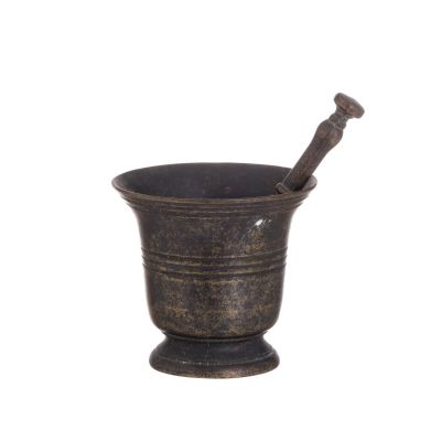 ALMOFARIZ COM PIL&Atilde;O. Portugu&ecirc;s do s&eacute;c. XVII, em bronze relevado. Dim.: Alt.: 