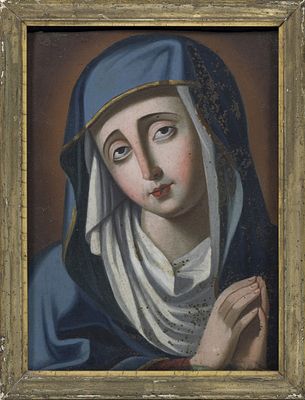NOSSA SENHORA DAS DORES. Escola portuguesa do s&eacute;c.XVIII/XIX, &oacute;leo sobre cobre. 