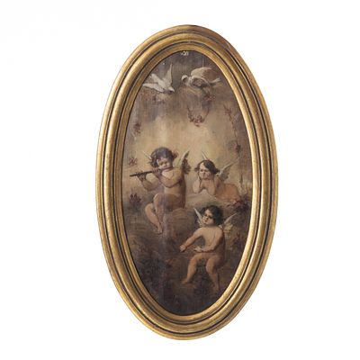 ESCOLA EUROPEIA. "Cena Aleg&oacute;rica". &Oacute;leo sobre tela do s&eacute;c.XIX. Pequenos 
