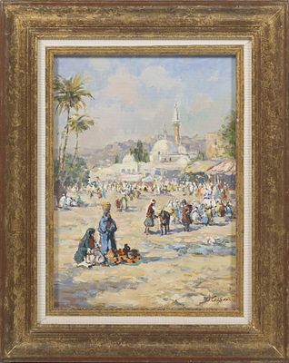 VISTA DE MARROCOS. "Paisagem com figuras", &oacute;leo sobre tela colada sobre cart&atilde;o. 