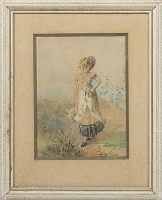 GASTON G&Eacute;RARD (1859-?). "Menina com flores", aguarela sobre papel. Assinada. Dim.: 28 x 20 cm