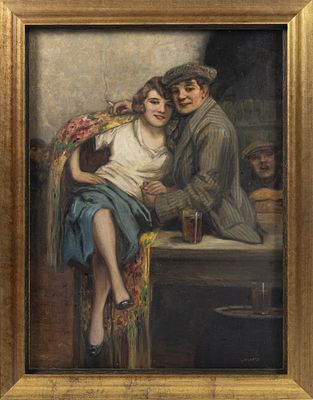 RICHARD GEIGER (1870-1945). "Casal de namorados", &oacute;leo sobre tela. Assinado. Dim.: 80 x 60 cm