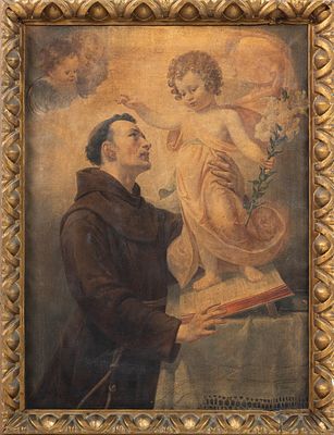 SANTO ANT&Oacute;NIO COM O MENINO JESUS. &Oacute;leo sobre tela, oficina portuguesa do 