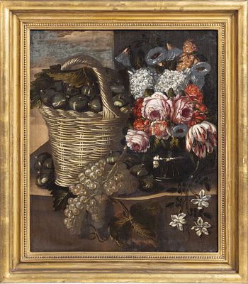 ESCOLA ESPANHOLA. "Natureza Morta". &Oacute;leo sobre tela do s&eacute;c. XVII. Reentelado. 
