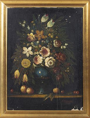 ESTOLA EUROPEIA. "Natureza Morta". &Oacute;leo sobre tela do s&eacute;c.XIX. Assinado "R. 