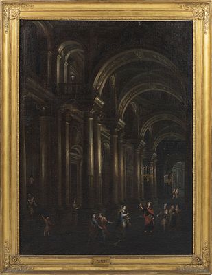 ESCOLA ITALIANA "CRISTO NO TEMPLO". Par de &oacute;leos sobre tela do s&eacute;c. XVII 