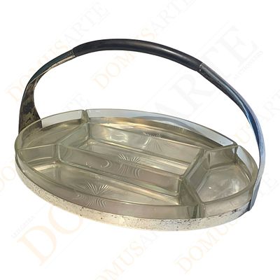 Centro de mesa para aperitivos com pega de madeira. em metal prateado, com 5 recipientes em 