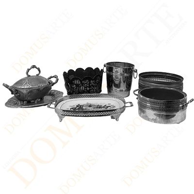 Lote de Objectos em metal decorativos (6). em diversos metais, composto por terrina com travessa 