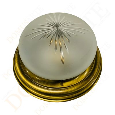 Plafon de tecto. em metal amarelo, com c&uacute;pula em vidro, redondo, s&eacute;c XX, portugu&ecirc;s. Com sinais 