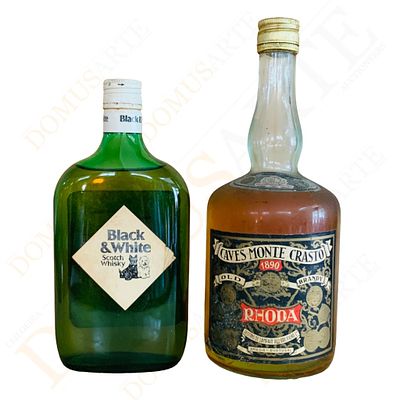 Brandy Caves Monte Crasto + Black White Whisky (2). Brandy , 1L Caves Monte Crasto : Black & 