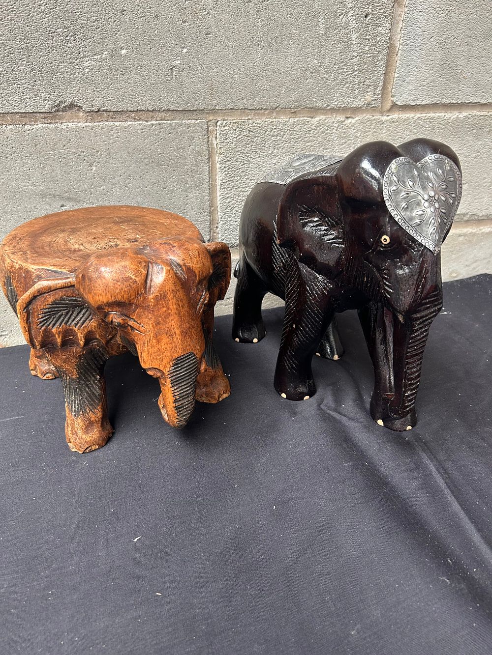 Lot 79: Two Wooden Carved Elephants Tallest Standing 9".