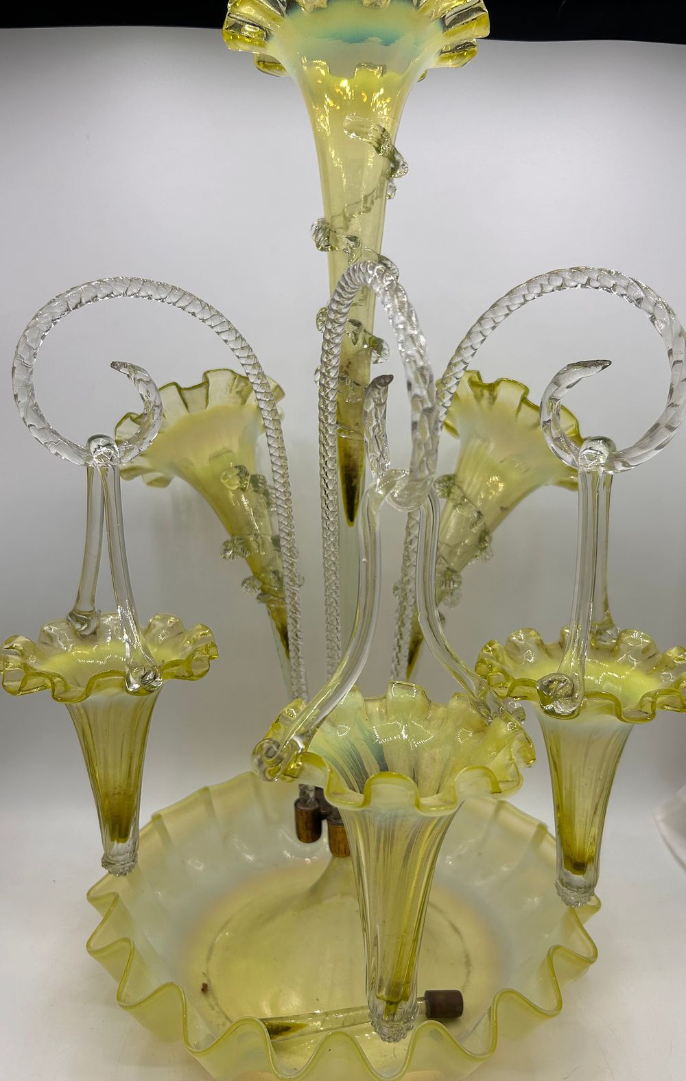 Lot 310: Stunning Victorian Manganese Yellow/Green Glass Epergne With Hanging...