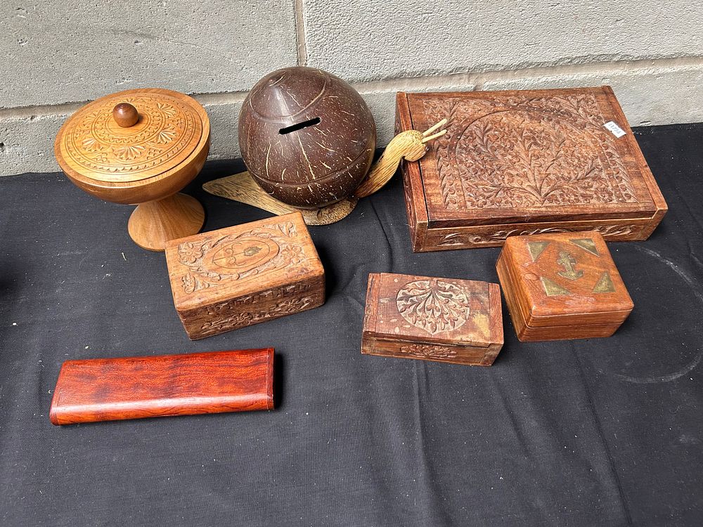 Lot 322: Carved Boxes ,Lidded Pot And Snail Money Box.