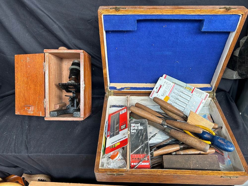 Lot 332: Boxed Microscope And Box Of Vintage Tools.