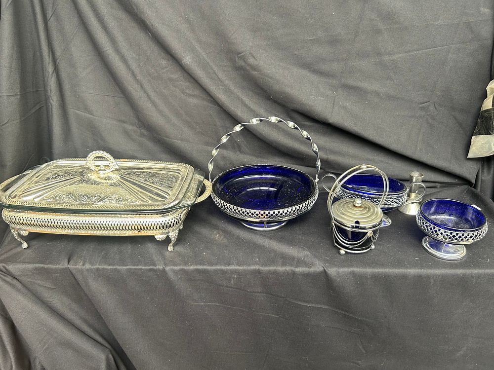 Lot 358: White Metal And Glass Items Including Serving Tray.