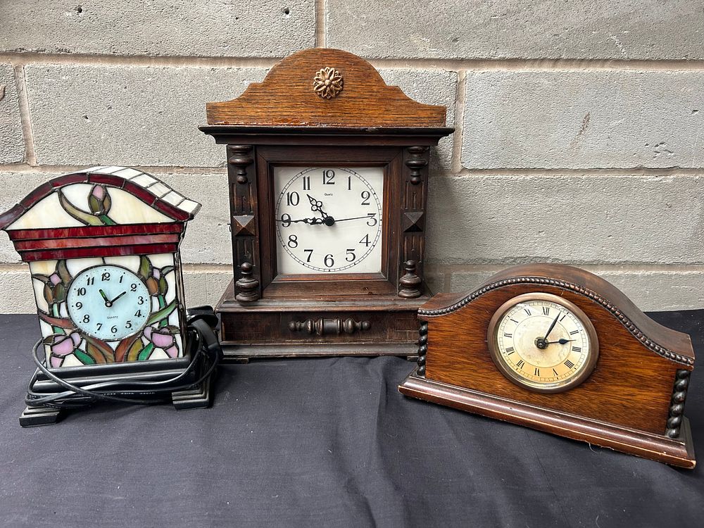 Lot 368: Tiffany Style Clock Light Plus Two Clocks.