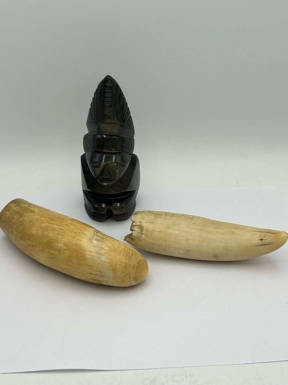 Lot 371: Two Whales Teeth ? Plus Mayan God Obsidian...