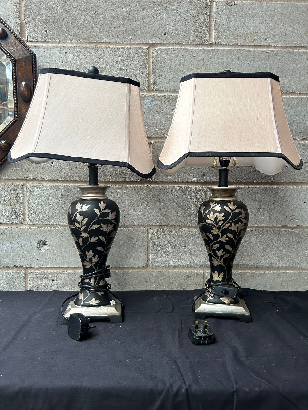 Lot 389: Pair Of Black Floral Design Lamps Standing 26".