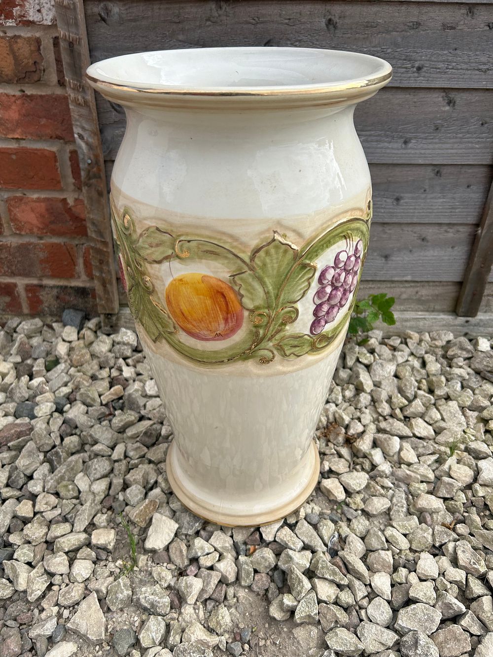 Lot 395: Large Ceramic Vase With Fruit Detail Standing 18".
