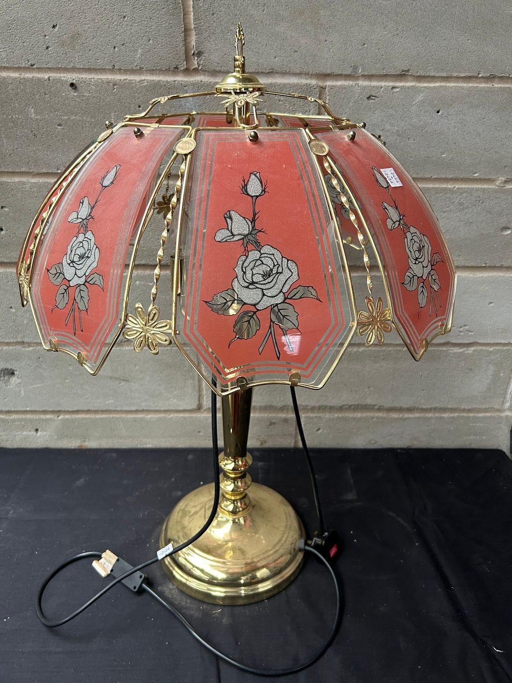 Lot 454: Brass And Pink Glass Large Lamp With Floral...