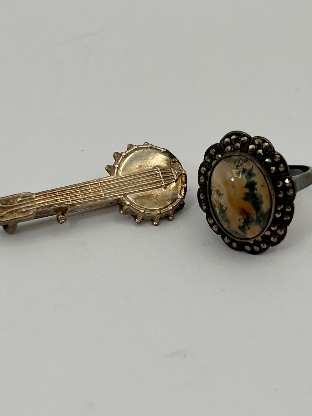 Lot 185: Silver Banjo Brooch Along With Vintage Silver Ring