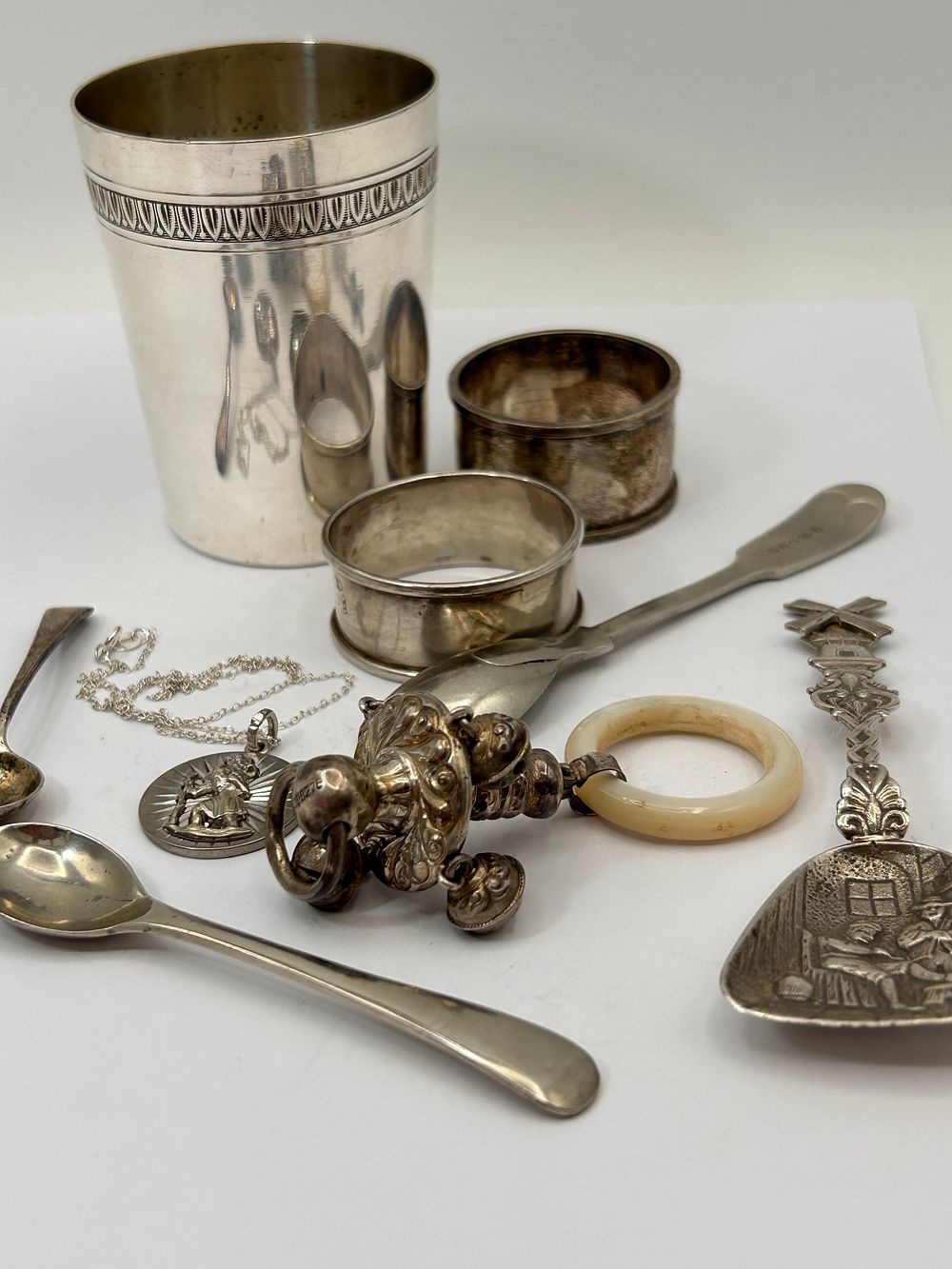 Lot 187: Collection Of White Metal Items Including Baby's Rattle.