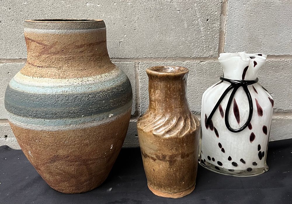 Lot 212: Two Studio Pottery Vases And Glass Vase Tallest...