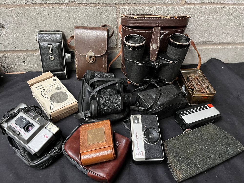 Lot 232: Box Of Vintage Camera's, Binoculars Etc.