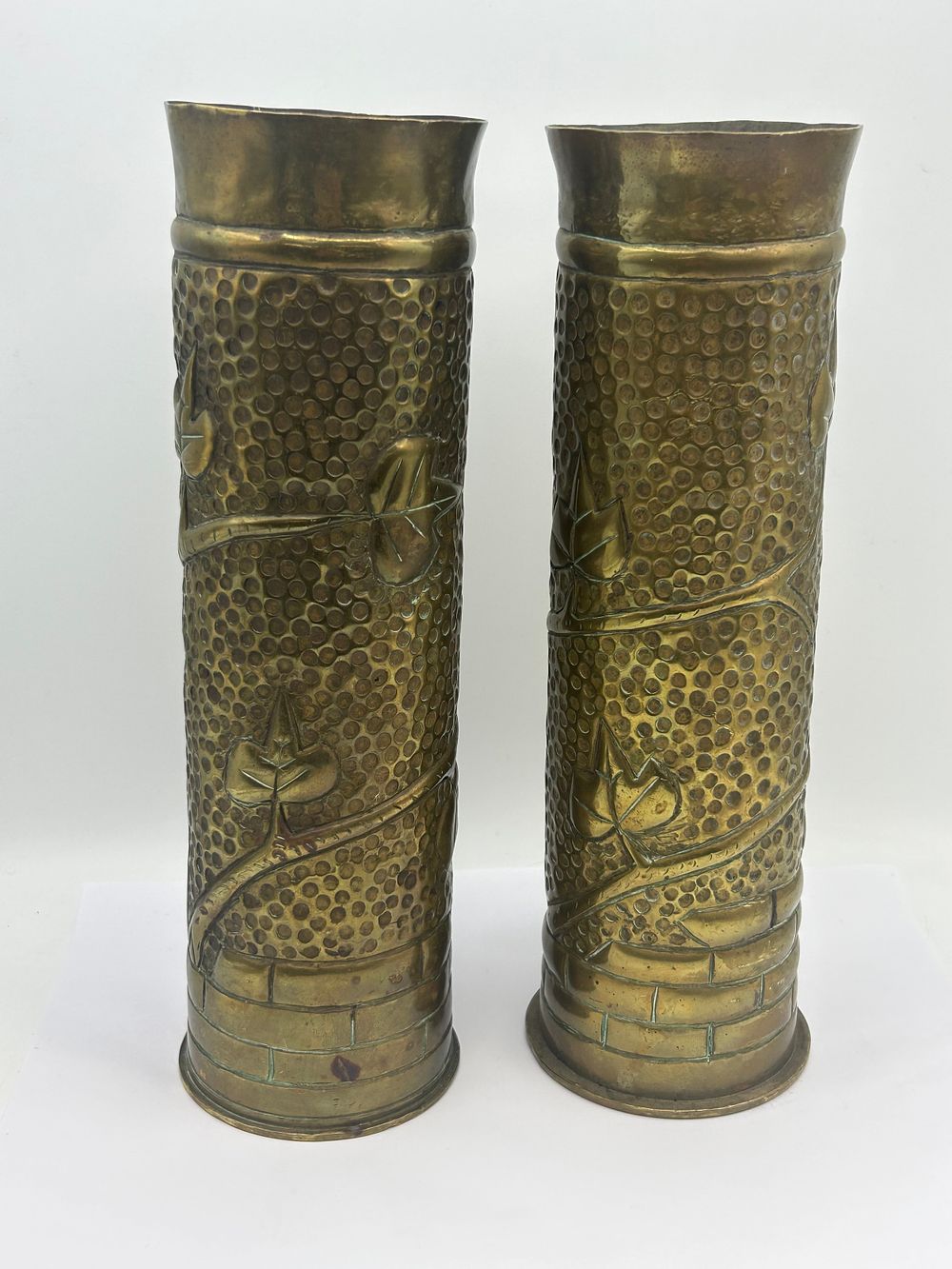 Lot 236: Pair Of Trench Art Shells With Leaf Detail...