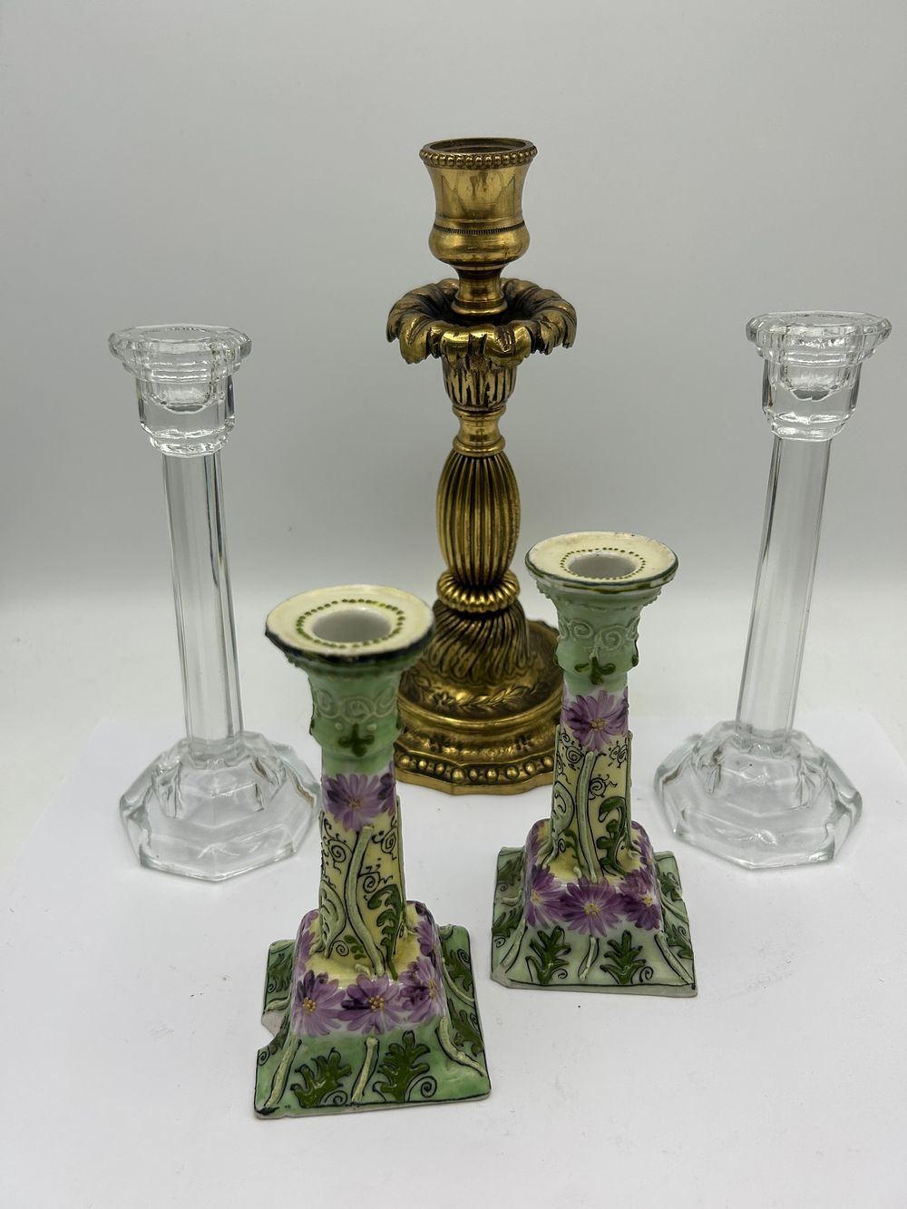 Lot 240: Variety Of Candlesticks Including Brass, Floral Design, Tallest...